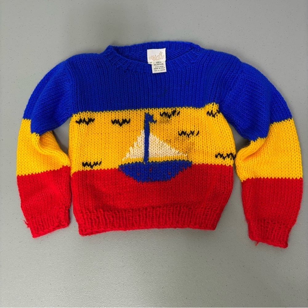 VTG Atkins Toddler Sweater Acrylic Sailboat Primary Colors Colorblock Italy 3